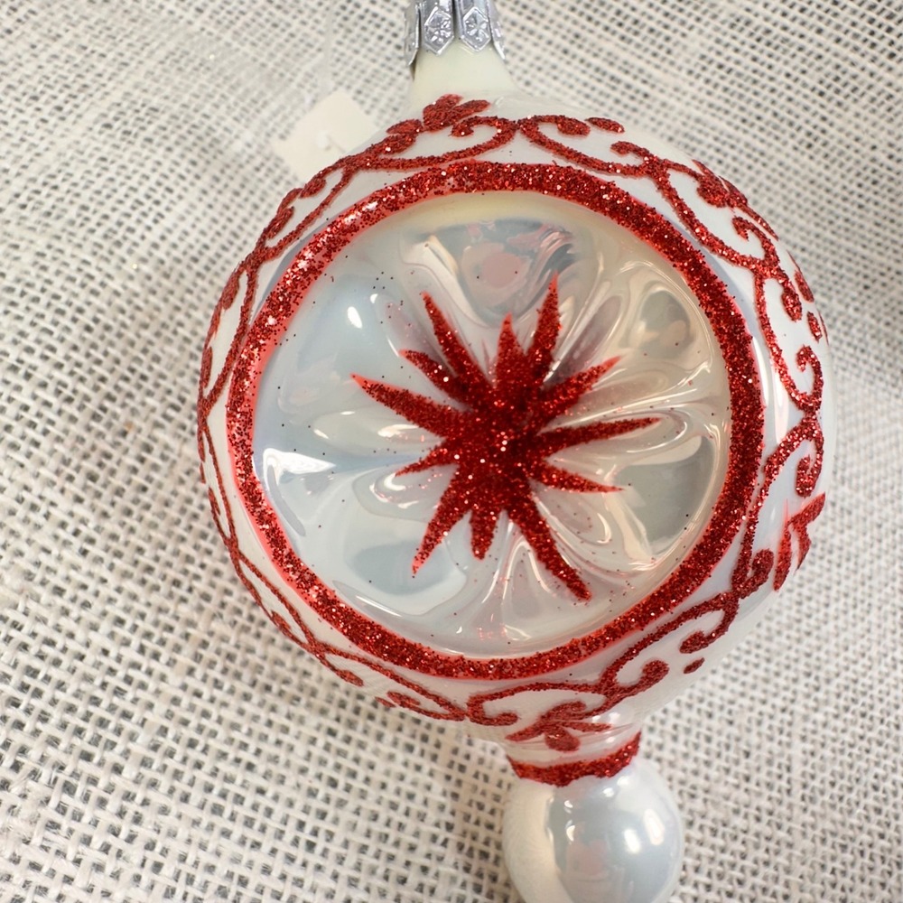 White Iridescent Glass Christmas Ornament Red Glitter Scroll indent 5. Inch